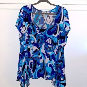 Sz. 18/20 Venezia colorful blouse, short-sleeves, sharkbite hem. Excellent Cond